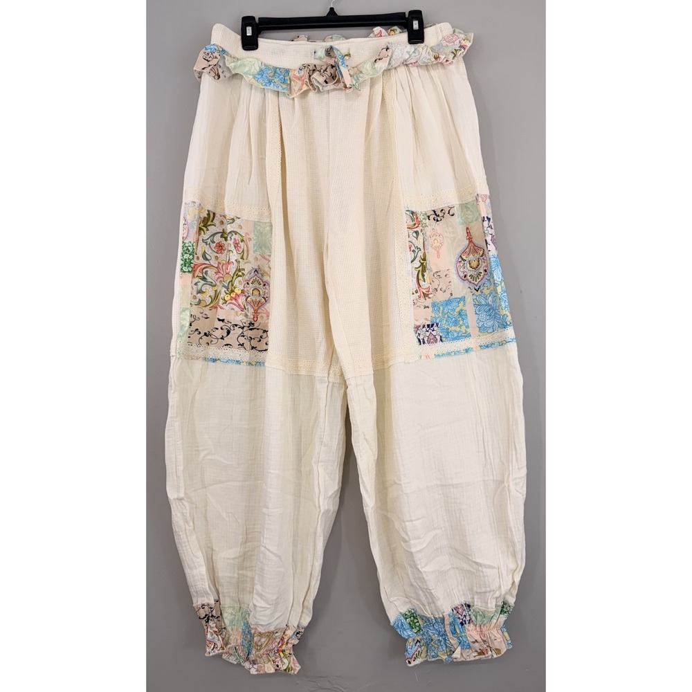 Pol Baggy Jogger Pant Large Boho Floral Ruffle Waistband Waffle Knit Guazy New
